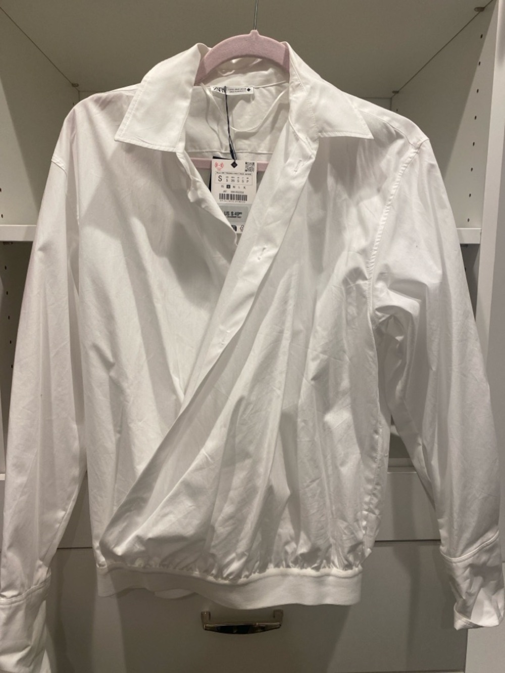 Zara White Crossover Poplin Blouse | Elastic Hem Minimal Work Top | Size S